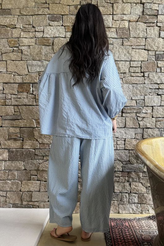 Arbi Gingham Peasant Smock Blouse Denim